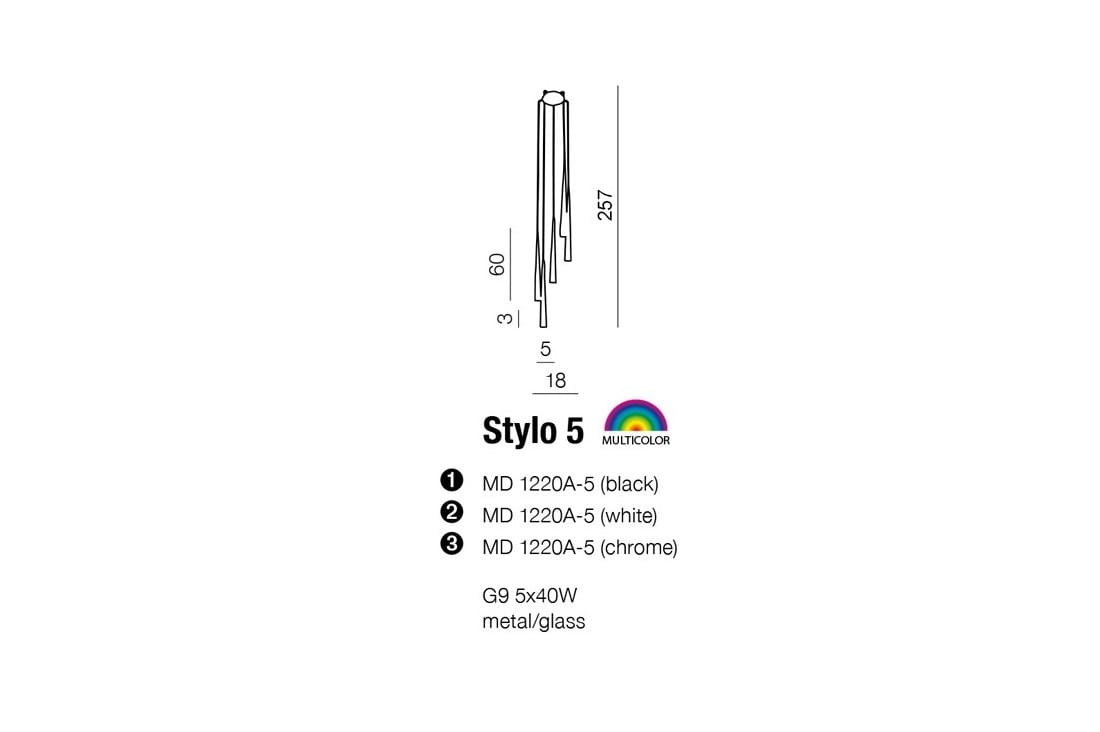 Lampa wisząca Stylo 5-punktowa w kolorze czarnym. Metalowa konstrukcja z pięcioma zwisającymi elementami. Wymiary: wysokość 257 mm, szerokość 60 mm. Przeznaczenie: do oświetlenia przestrzeni wewnętrznych. Zasilanie G9, maksymalna moc 5x40W.