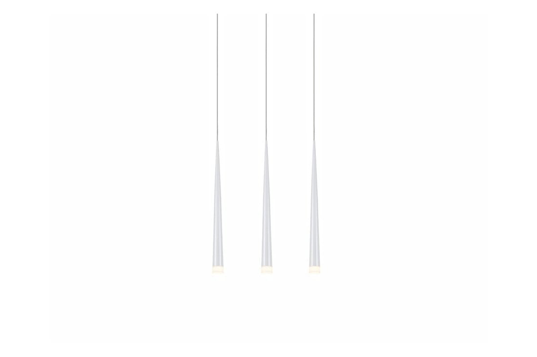 Lampa wisząca 3-punktowa w białym kolorze, składająca się z trzech smukłych, stożkowatych kloszy zawieszonych na cienkich linkach. Klosze mają delikatne podświetlenie na dole, tworząc minimalistyczny, nowoczesny design.