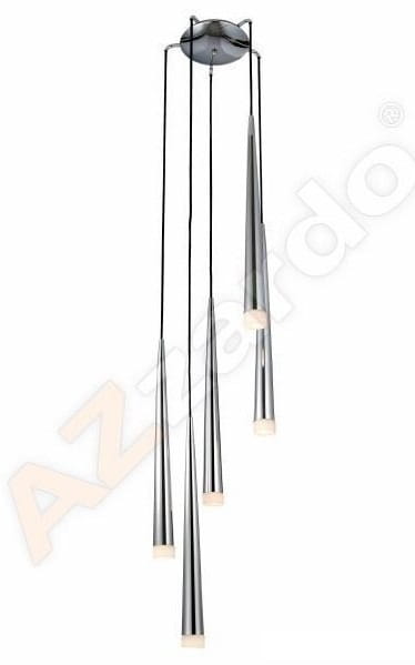 Lampa wisząca Stylo 5-punktowa w chromowanym wykończeniu. Posiada pięć smukłych, stożkowatych kloszy zwisających na cienkich linkach. Urokliwy design idealny do nowoczesnych wnętrz, montaż sufitowy, z widoczną oprawą.