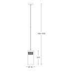Lampa wisząca Gem 1-punktowa w kolorze złotym. Wymiary: długość regulowana 430-1530 mm, szerokość 110 mm, wysokość 270 mm. Prosty, cylindryczny kształt z dekoracyjnym elementem. Zawieszona na cienkim przewodzie, montowana sufitowo.