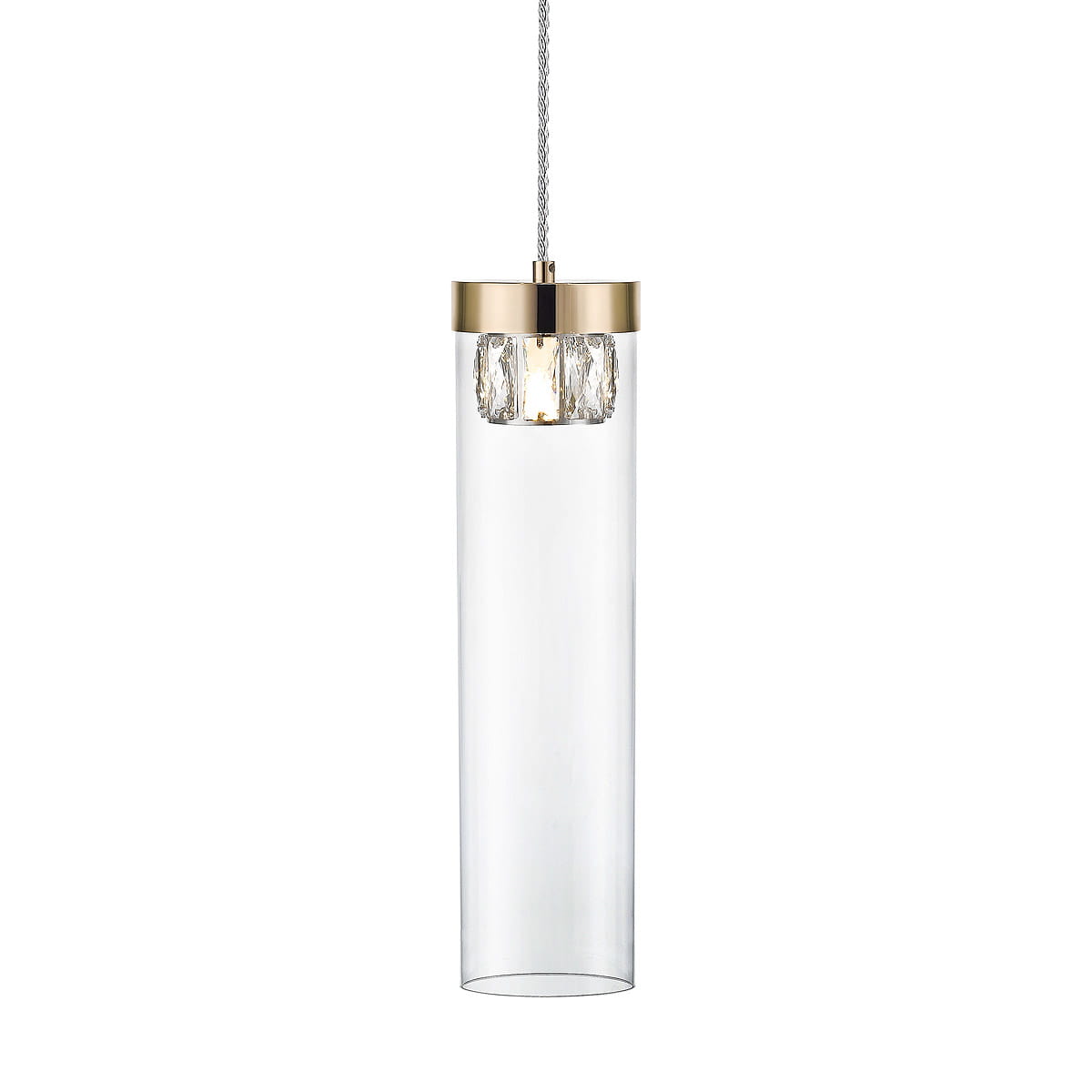 Lampa wisząca Gem 1-punktowa w kolorze złotym z przezroczystym kloszem w kształcie cylindrycznym. U góry złota oprawa, w której umieszczono przezroczystą, szklaną część. Zawieszona na cienkim, metalowym kablu.