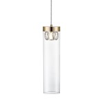 Lampa wisząca Gem 1-punktowa w kolorze złotym z przezroczystym kloszem w kształcie cylindrycznym. U góry złota oprawa, w której umieszczono przezroczystą, szklaną część. Zawieszona na cienkim, metalowym kablu.