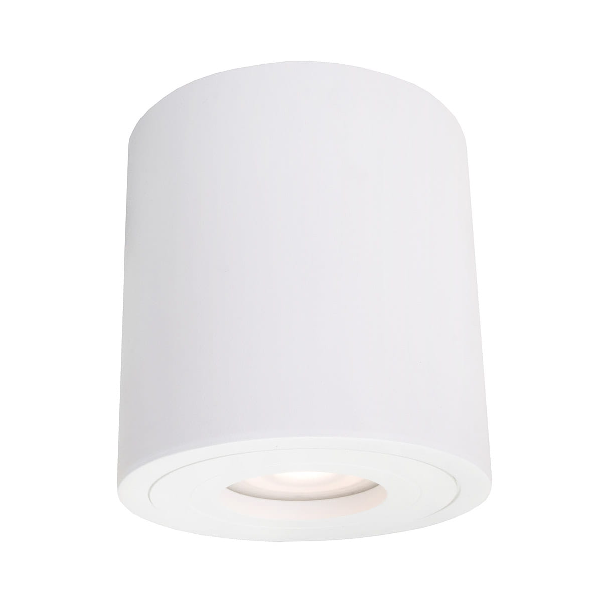 Biała lampa sufitowa tuba Faro XL o 1 punkcie świetlnym, IP65, w kształcie cylindrycznym, z widoczną oprawą na żarówkę w dolnej części, montowana na suficie. Idealna do wnętrz i na zewnątrz.