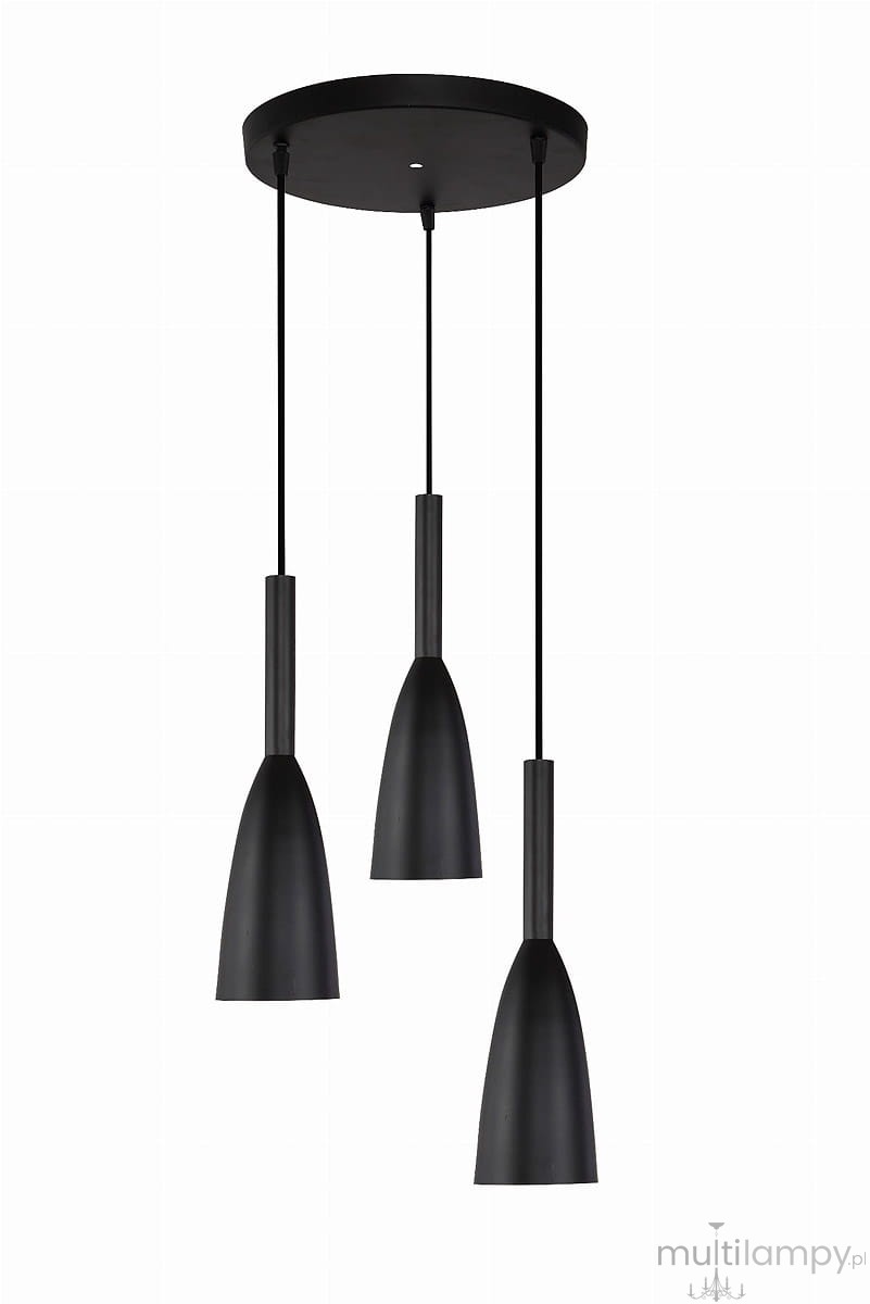 Czarna lampa wisząca Solin LP-181/3P z trzema stożkowymi kloszami, zwisająca na cienkich linkach, zamocowana na okrągłej podstawie. Klosze mają matową powierzchnię, a ich minimalistyczny design idealnie wpisuje się w nowoczesne wnętrza.