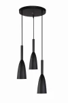 Czarna lampa wisząca Solin LP-181/3P z trzema stożkowymi kloszami, zwisająca na cienkich linkach, zamocowana na okrągłej podstawie. Klosze mają matową powierzchnię, a ich minimalistyczny design idealnie wpisuje się w nowoczesne wnętrza.
