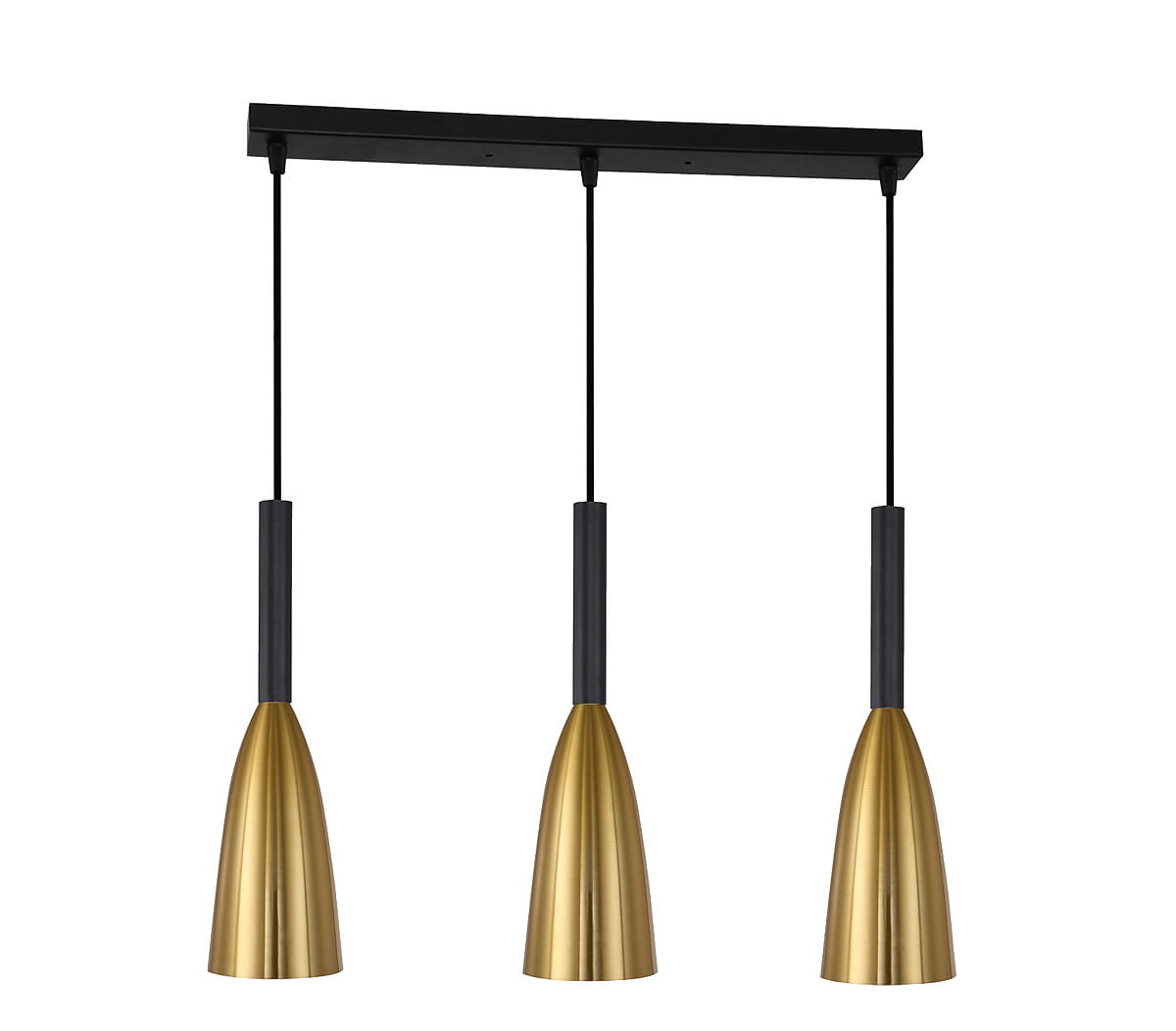 Lampa wisząca Solin 3-punktowa w kolorze złotym z czarnymi uchwytami. Składa się z trzech stożkowatych kloszy zawieszonych na cienkich przewodach. Montaż sufitowy, widok frontalny na lampę.