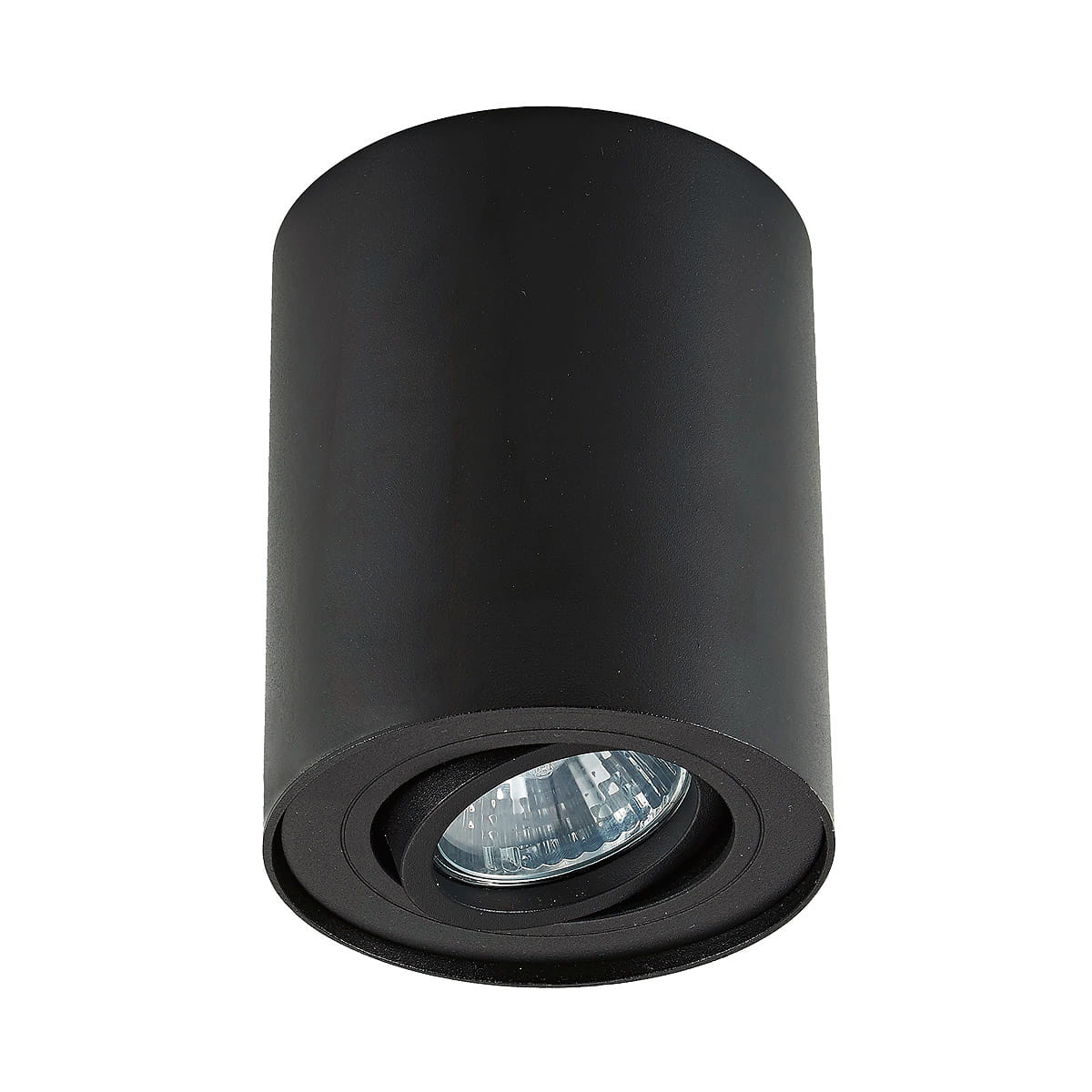 Czarna lampa sufitowa Rondoo 1-punktowa, cylindryczny kształt, z regulowanym źródłem światła. Widok z dołu, ukazujący szklany klosz i metalową obudowę. Idealna do oświetlenia kierunkowego w nowoczesnych wnętrzach.