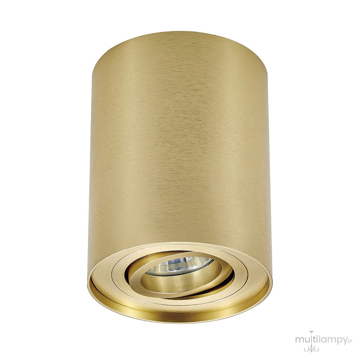 Lampa sufitowa Rondoo 1-punktowa w kolorze złotym, cylindryczna, matowa powierzchnia. Zawiera kierunkowy punkt świetlny, widoczny w dolnej części. Ujęcie frontalne, lampa zamontowana na suficie.