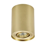Lampa sufitowa Rondoo 1-punktowa w kolorze złotym, cylindryczna, matowa powierzchnia. Zawiera kierunkowy punkt świetlny, widoczny w dolnej części. Ujęcie frontalne, lampa zamontowana na suficie.