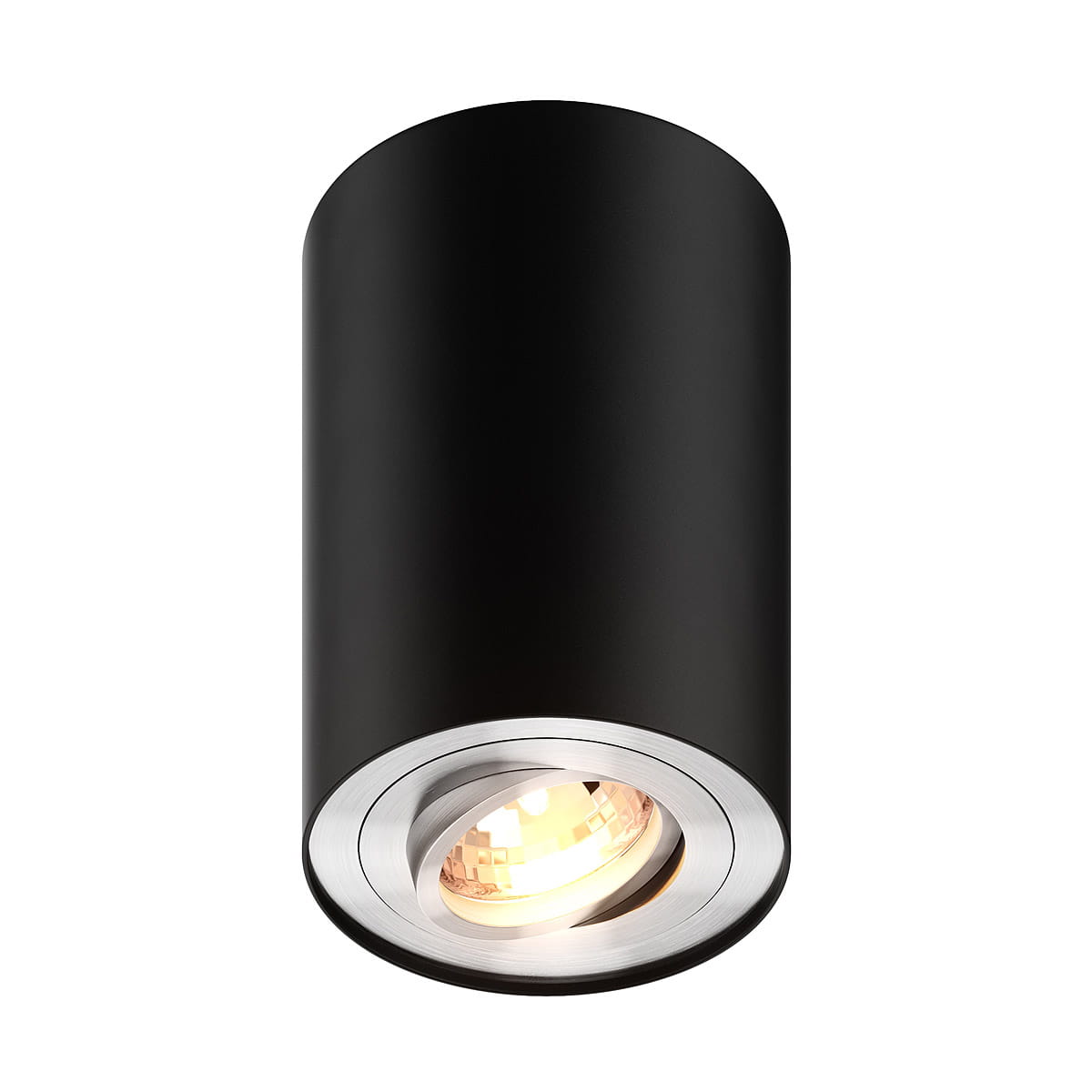 Lampa sufitowa Rondoo 1-punktowa w kolorze czarnym z metalicznym srebrnym wykończeniem, cylindryczny kształt, z widoczną żarówką w środku, montowana na suficie, kierunkowa, idealna do oświetlenia wnętrz.