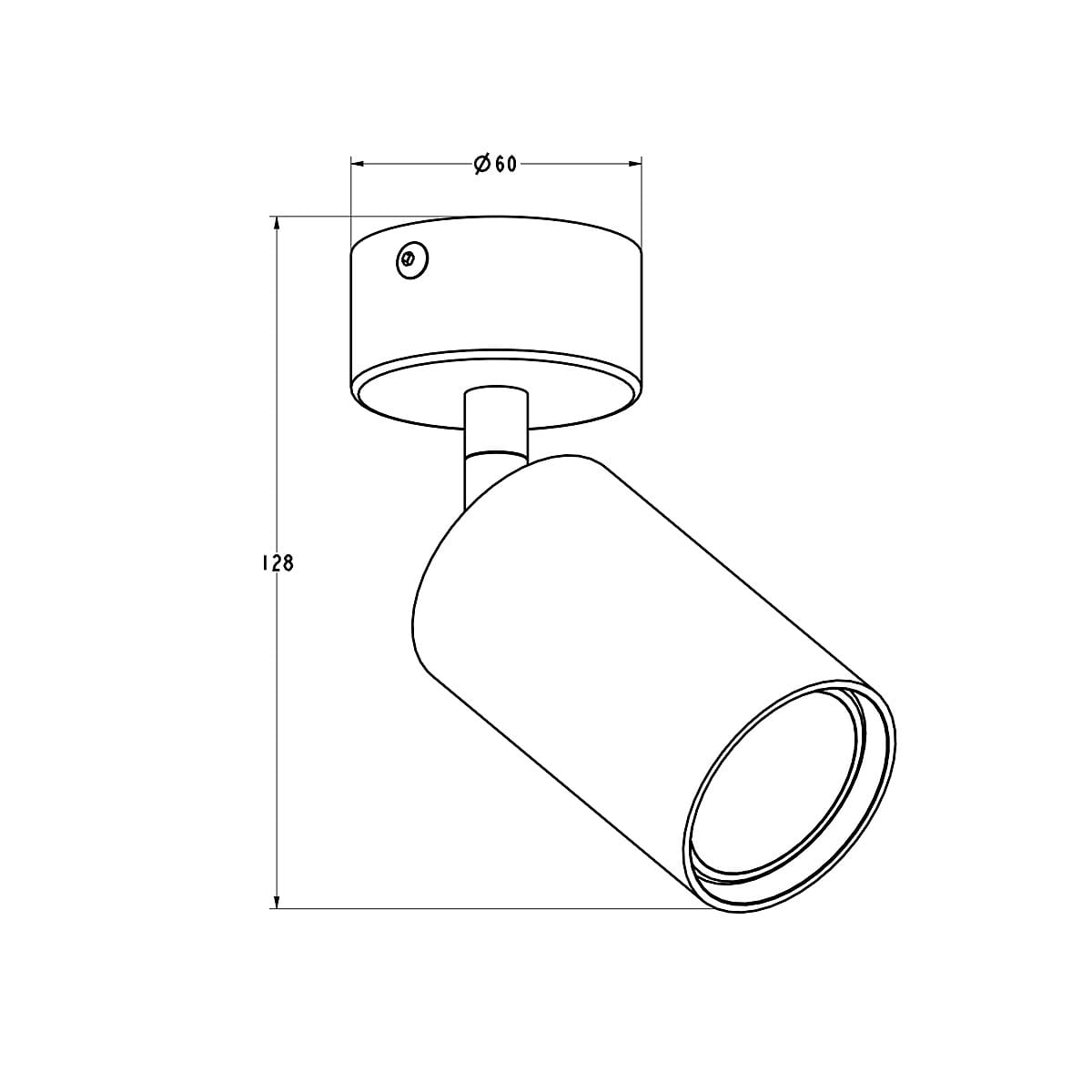 Czarna lampa sufitowa Tori SL3 w formie 1-punktowego spotu, z cylindrycznym kloszem o średnicy 60 mm i wysokości 128 mm. Montaż na suficie, z widocznym mocowaniem. Prosty, nowoczesny design, idealny do oświetlenia wnętrz.