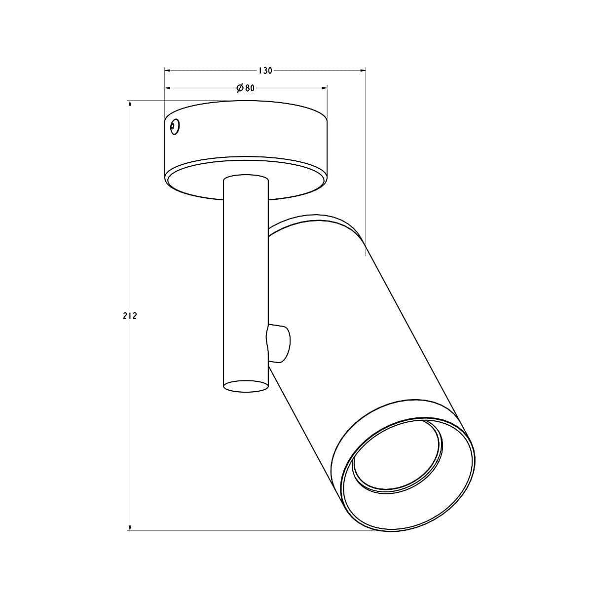 Biała lampa sufitowa Tori SL2 (spot) 1-punktowa z cylindrycznym kloszem, montowana na stropie. Widoczny detal mocowania oraz wymiary: średnica 80 mm, wysokość 212 mm, kąt ujęcia frontalny.