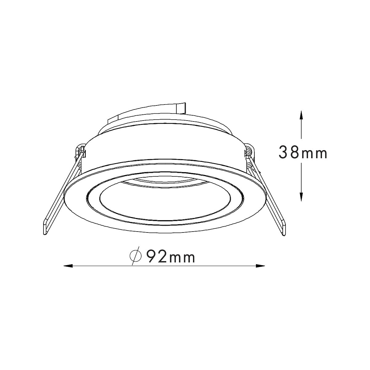 Czarna oprawa do zabudowy Chuck Round, 1-punktowa, o średnicy 92 mm i wysokości 38 mm. Widok z góry, ukazujący okrągły kształt oraz zamocowania po bokach. Idealna do montażu w sufitach podwieszanych.