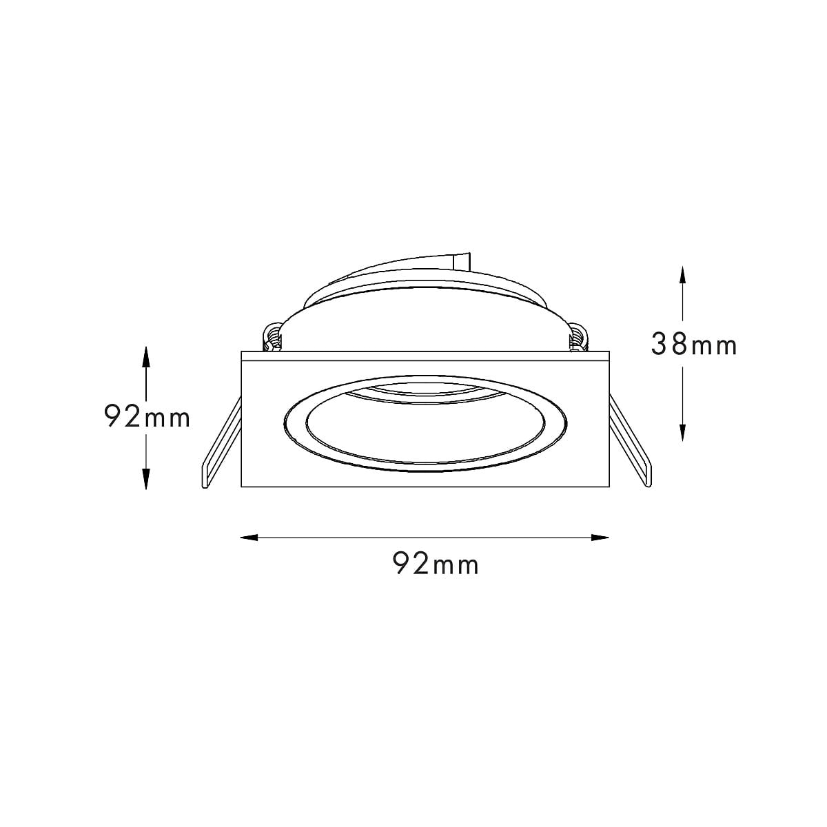 Oprawa do zabudowy Chuck Square 1-punktowa w kolorze czarnym, o wymiarach 92 mm x 92 mm, z głębokością 38 mm. Widok z przodu, z wyraźnie zaznaczoną okrągłą oprawką. Dostosowana do montażu sufitowego.