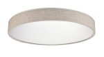 Plafon LED Collodi D48 w kolorze beżowym, o okrągłym kształcie, z materiałowym wykończeniem. Produkt montowany sufitowo, z funkcją regulacji temperatury barwowej, obsługiwany pilotem. Tło proste, białe, co podkreśla jego design.