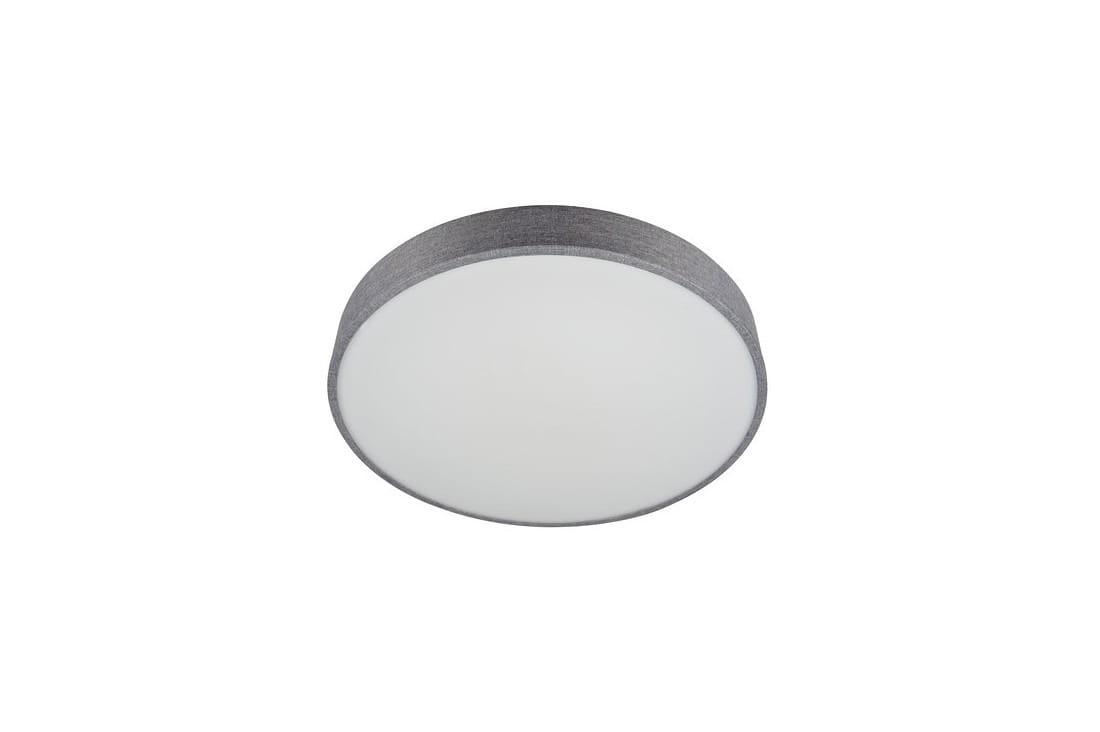 Plafon LED Collodi D48 w kolorze szarym, okrągły, z białym kloszem. Produkt zamontowany na suficie, z pilotem do zdalnego sterowania. Prosta, minimalistyczna forma, idealna do nowoczesnych wnętrz.