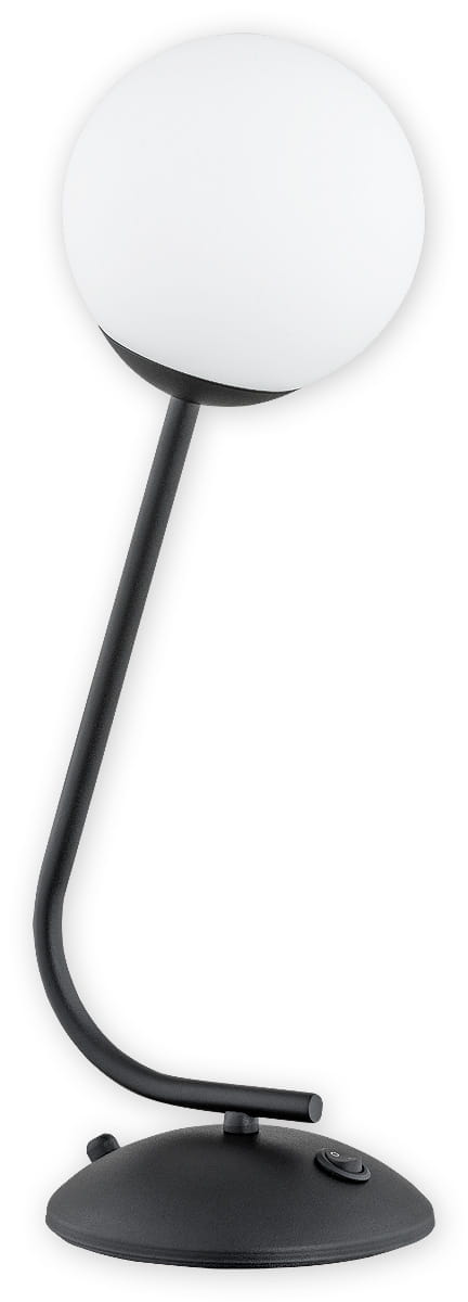 Lampa stołowa Nol 1-punktowa w kolorze czarnym, z okrągłą, białą kloszem. Posiada metalowy stelaż w formie łuku oraz okrągłą podstawę. Widoczny włącznik na podstawie. Ujęcie z boku, podkreślające kształt i detale.