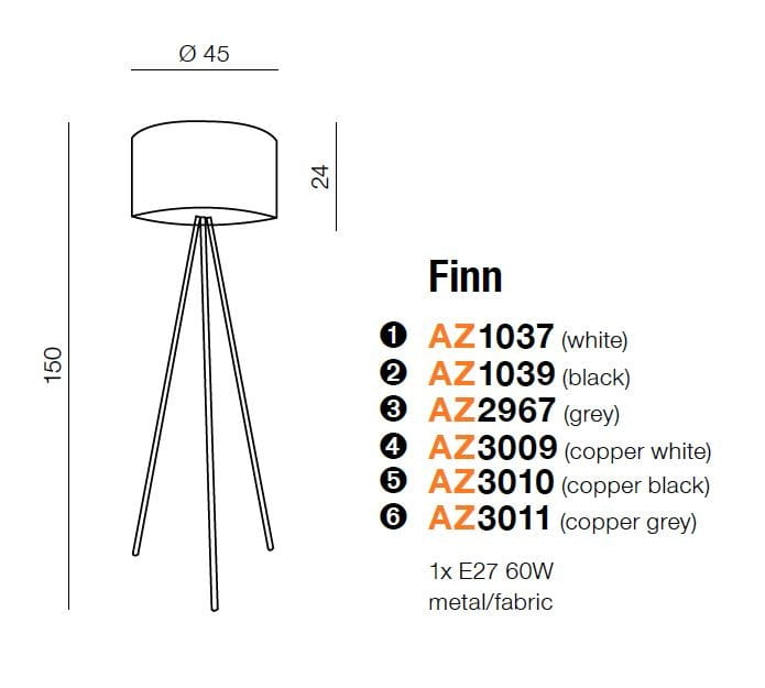 Lampa podłogowa Finn w kolorze chromu i szarości, z cylindrycznym abażurem o średnicy 45 cm. Stojak z trzech metalowych nóg, wysokość 150 cm, z miejscem na żarówkę E27 do 60W. Prosta, nowoczesna konstrukcja.