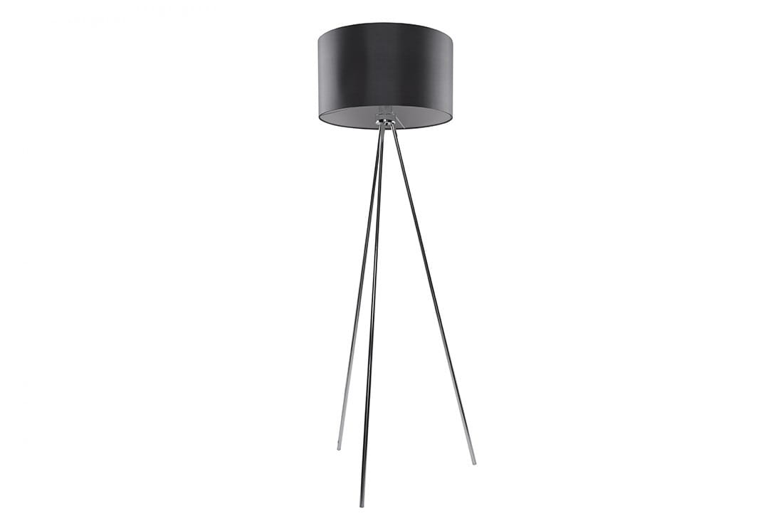 Lampa podłogowa Finn 1-punktowa w kolorze chromu i szarości, z cylindrycznym kloszem na trzech smukłych nogach. Produkt ustawiony w pozycji stojącej, z widocznym detalem konstrukcji nogi. Tło proste, białe.