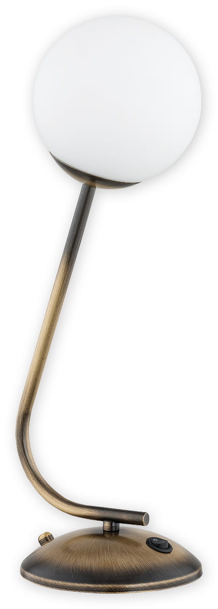 Lampa stołowa Nol 1-punktowa w kolorze patynowym. Okrągła, matowa kula na smukłym, zaokrąglonym ramieniu. Podstawa metalowa, stabilna z przyciskiem włączania. Prosty design, idealna do biura lub wnętrza.
