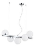 Lampa wisząca Osso, 5-punktowa, z chromowanym stelażem i pięcioma białymi, okrągłymi kloszami. Ujęcie frontalne, zawieszona na cienkich linkach. Elegancka, nowoczesna forma, idealna do aranżacji wnętrz.