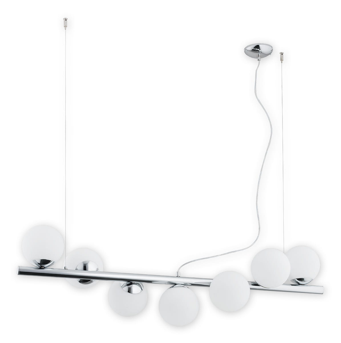 Lampa wisząca Osso O2917 W7 CH, 7-punktowa, z chromowanym stelażem i białymi, okrągłymi kloszami. Ułożona poziomo, zawieszona na cienkich linkach. Prosty design, idealna do nowoczesnych wnętrz. Tło białe, co podkreśla elegancję lampy.