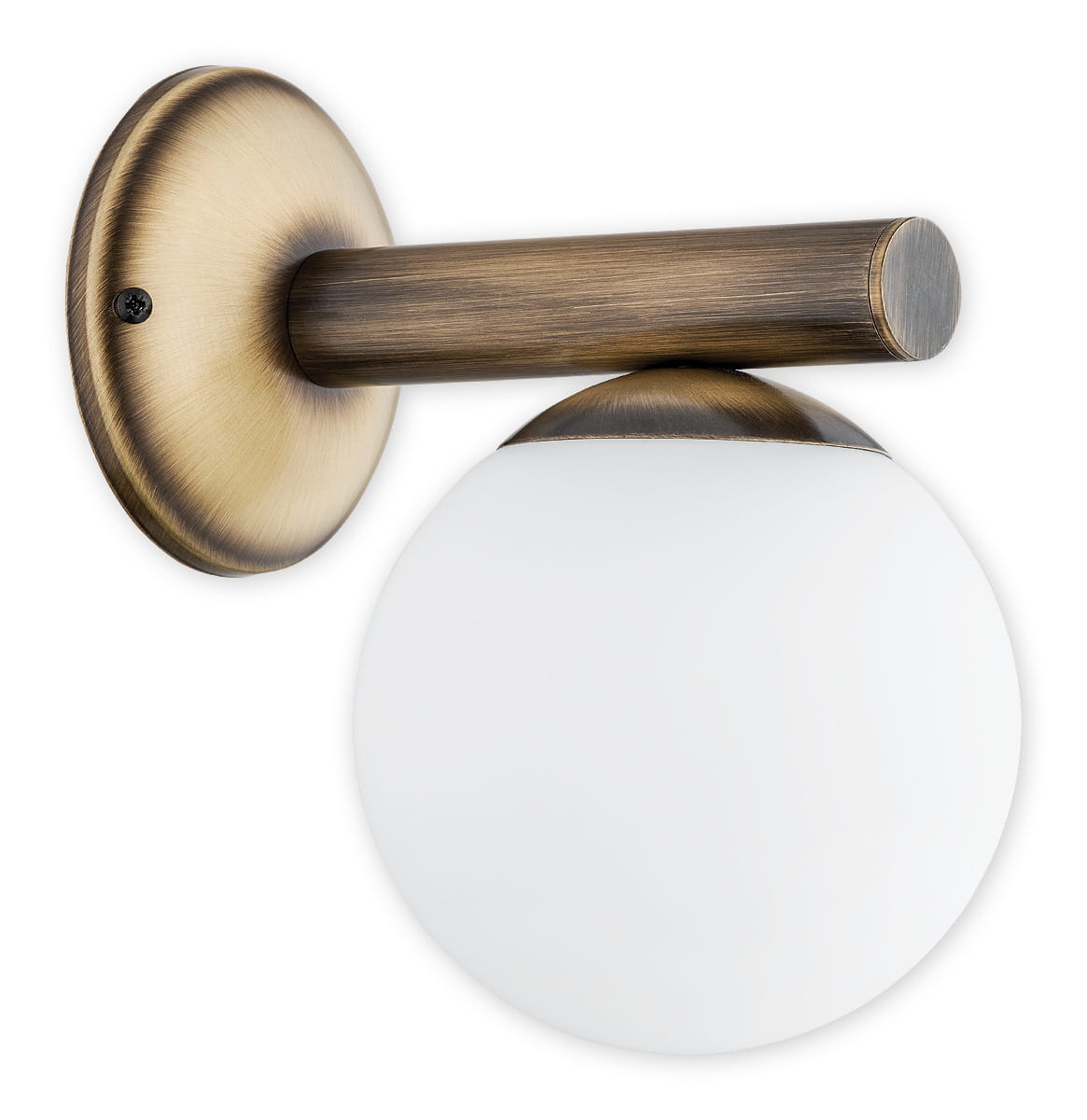 Kinkiet Osso 1-punktowy w odcieniu patyny, z okrągłą, mleczną kloszem oraz prostą, metalową podstawą. Ujęcie z boku, prezentujące detal mocowania i wykończenia. Idealny do oświetlenia wnętrz.