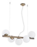 Lampa wisząca Osso 5-punktowa w kolorze patynowym. Składa się z metalowego prostokątnego stelaża z pięcioma okrągłymi, białymi kloszami. Zawieszona na dwóch cienkich linkach, z widocznym przewodem, montowana do sufitu.