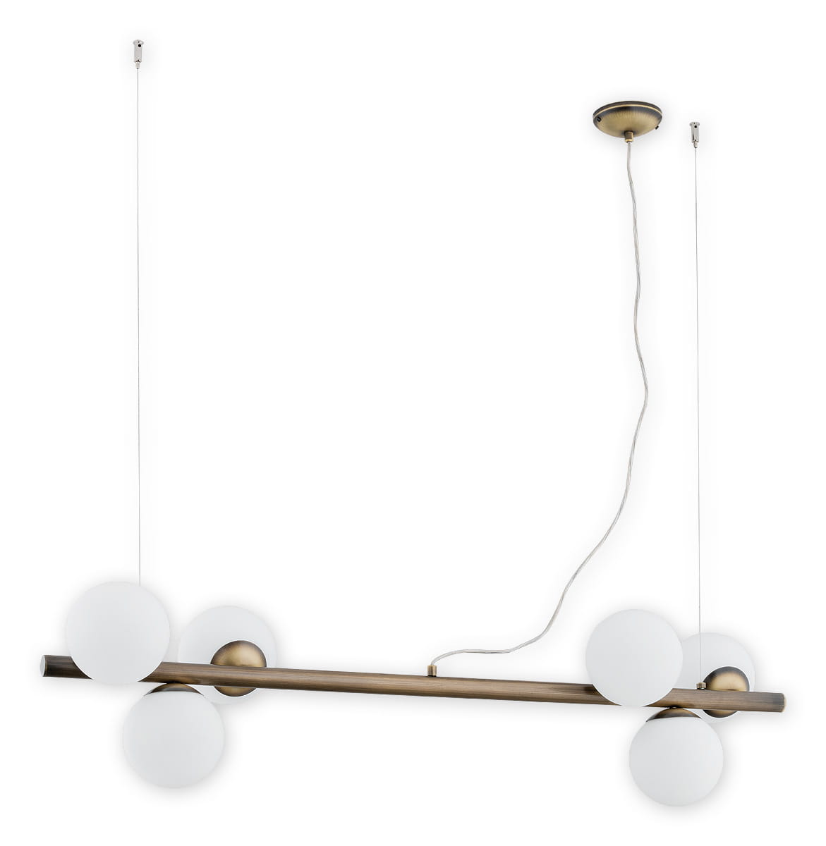 Lampa wisząca Osso 6-punktowa w odcieniu patyny, z sześcioma białymi kulistymi kloszami umieszczonymi na prostokątnej, metalowej belce. Zawieszona na cienkich linkach, z widocznym przewodem elektrycznym. Idealna do nowoczesnych wnętrz.