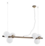 Lampa wisząca Osso 6-punktowa w odcieniu patyny, z sześcioma białymi kulistymi kloszami umieszczonymi na prostokątnej, metalowej belce. Zawieszona na cienkich linkach, z widocznym przewodem elektrycznym. Idealna do nowoczesnych wnętrz.