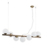 Lampa wisząca Osso 7-punktowa w odcieniu patyny. Posiada prostą, poziomą belkę z metalowymi elementami oraz sześć okrągłych, białych kloszy. Zawieszona na cienkich linkach, idealna do nowoczesnych wnętrz.