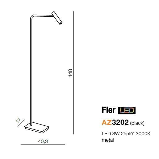 Czarna lampa podłogowa Fler AZ3202 z metalowym stelażem, o wysokości 148 cm i szerokości podstawy 40,3 cm. Posiada 1 punkt świetlny LED o mocy 3W, wydajności 255 lm oraz temperaturze barwowej 3000K. Kształt prosty, zgięty w górnej części.