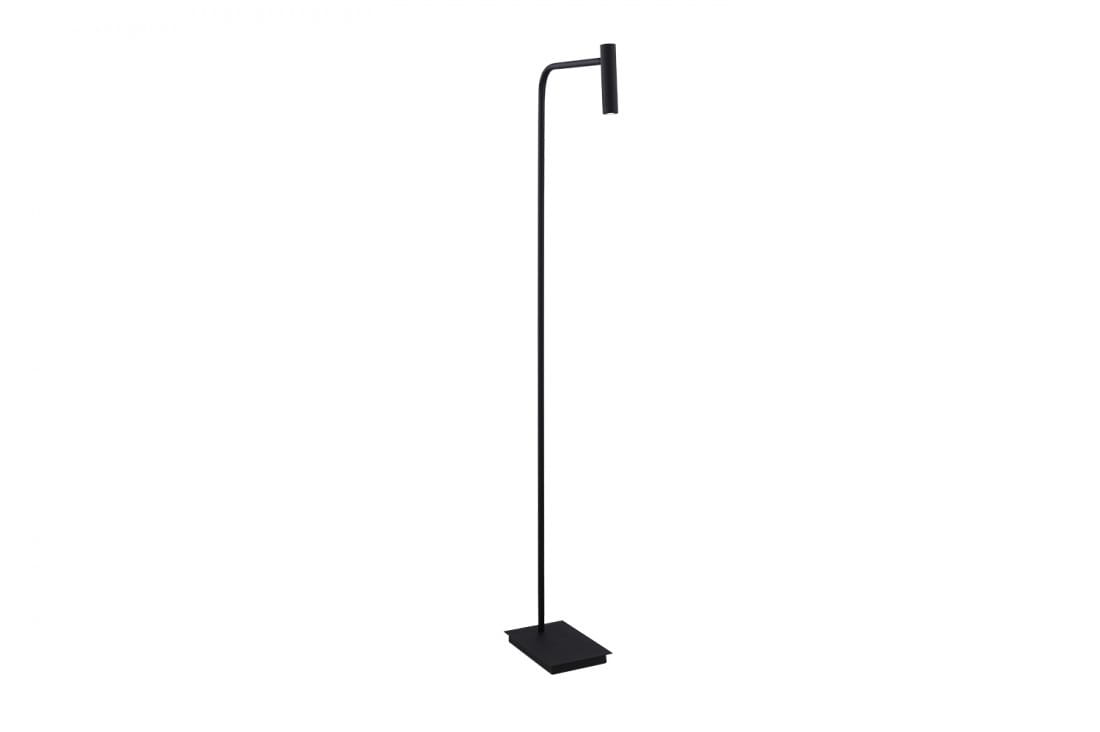 Czarna lampa podłogowa Fler LED 1-punktowa AZ3202 o minimalistycznym designie. Ustawiona w pozycji stojącej, z prostym, smukłym ramieniem i kwadratową podstawą, idealna do nowoczesnych wnętrz.