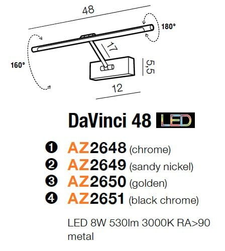 Kinkiet obrazowy Davinci 48 LED w kolorze złotym, z metalową konstrukcją, o wymiarach 48 cm długości, 12 cm szerokości. Umożliwia regulację kąta nachylenia do 180°. Wyposażony w diodę LED o mocy 8W i strumieniu świetlnym 530lm.