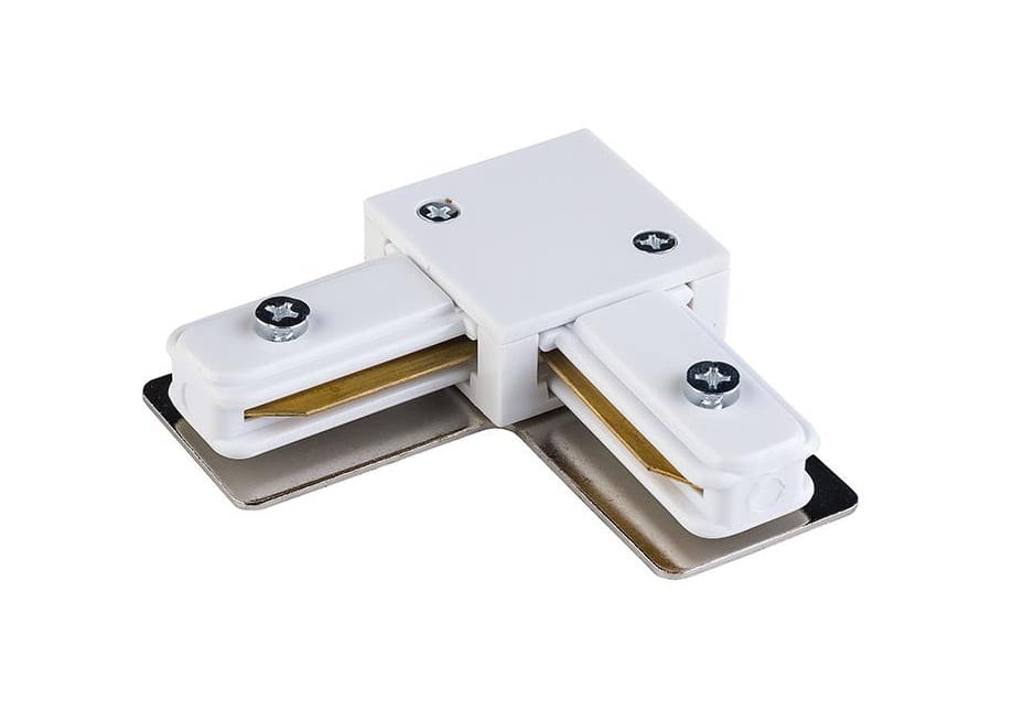 Złącze kątowe Tracer do prowadnicy szyny w kolorze białym. Produkt z metalowymi elementami mocującymi, z widocznymi złotymi stykami. Ułożenie poziome, z widocznymi śrubami. Idealne do łączenia szyn w narożnikach.