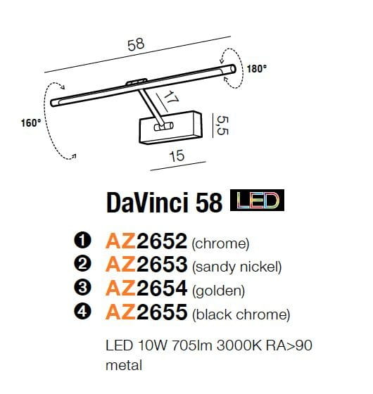 Kinkiet obrazowy DaVinci 58 LED w kolorze złotym, z metalową obudową. Umożliwia regulację kąta nachylenia. Wymiary: długość 58 cm, wysokość 5,5 cm, szerokość 15 cm. Źródło światła LED 10W, 705 lm, 3000K, RA>90.