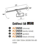Kinkiet obrazowy DaVinci 58 LED w kolorze złotym, z metalową obudową. Umożliwia regulację kąta nachylenia. Wymiary: długość 58 cm, wysokość 5,5 cm, szerokość 15 cm. Źródło światła LED 10W, 705 lm, 3000K, RA>90.