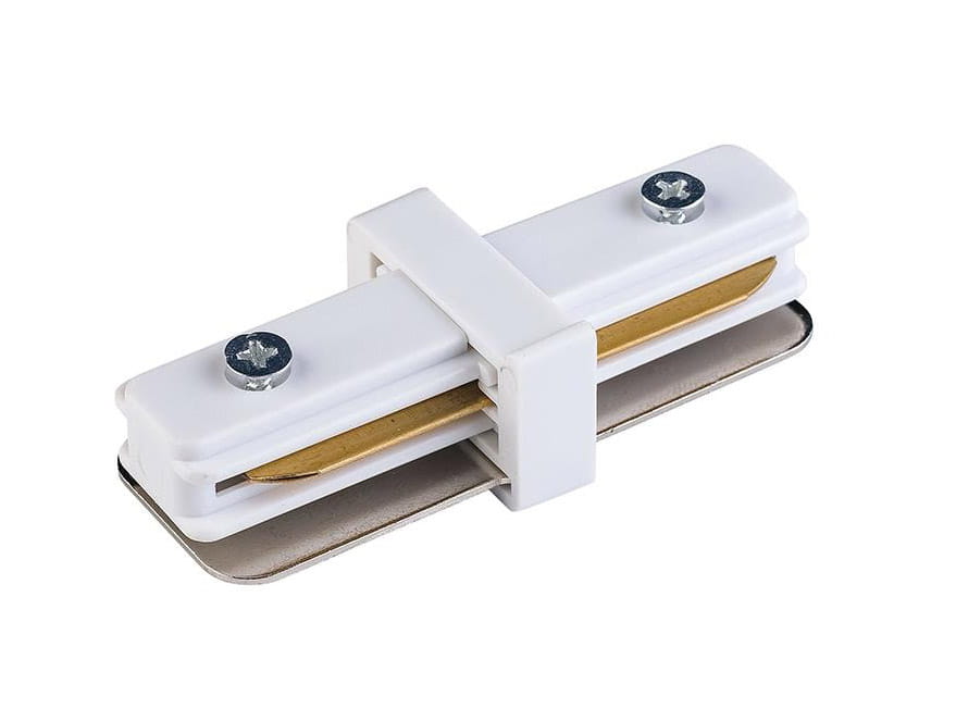 Złącze proste Tracer do prowadnicy szyny w kolorze białym. Produkt o prostokątnym kształcie z metalowymi elementami mocującymi widocznymi po bokach. Ujęcie frontalne, z bliska, ukazujące detale konstrukcji.