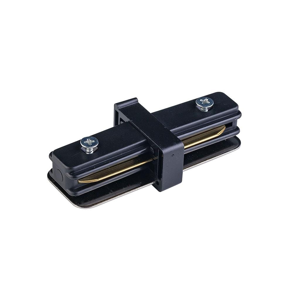 Złącze proste Tracer do prowadnicy szyny w kolorze czarnym. Produkt ma prostokątny kształt, z widocznymi śrubami na górze. Zawiera metalowe elementy łączące, zapewniające stabilność. Ujęcie frontalne, produkt leży na płaskiej powierzchni.