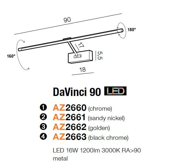 Kinkiet obrazowy DaVinci 90 LED w czarnym chromie, 1-punktowy. Wymiary: długość 90 cm, wysięg 11 cm. Metalowa konstrukcja, możliwość regulacji kąta. Oświetlenie LED 16W, 1200 lm, 3000K. Idealny do oświetlenia obrazów lub zdjęć.