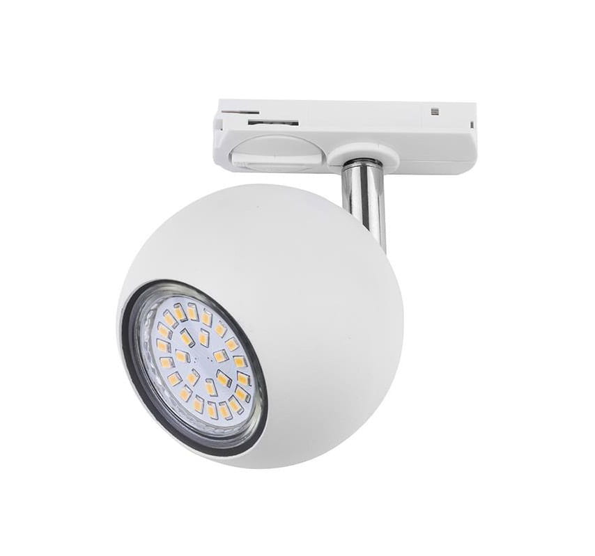 Reflektor spot 1-punktowy Tracer w kolorze białym, zamontowany na szynie, o okrągłej obudowie. Wewnętrzna część z diodami LED w układzie promienistym, z metalowym wspornikiem. Ujęcie frontalne, widoczna struktura materiału oraz detal diod.