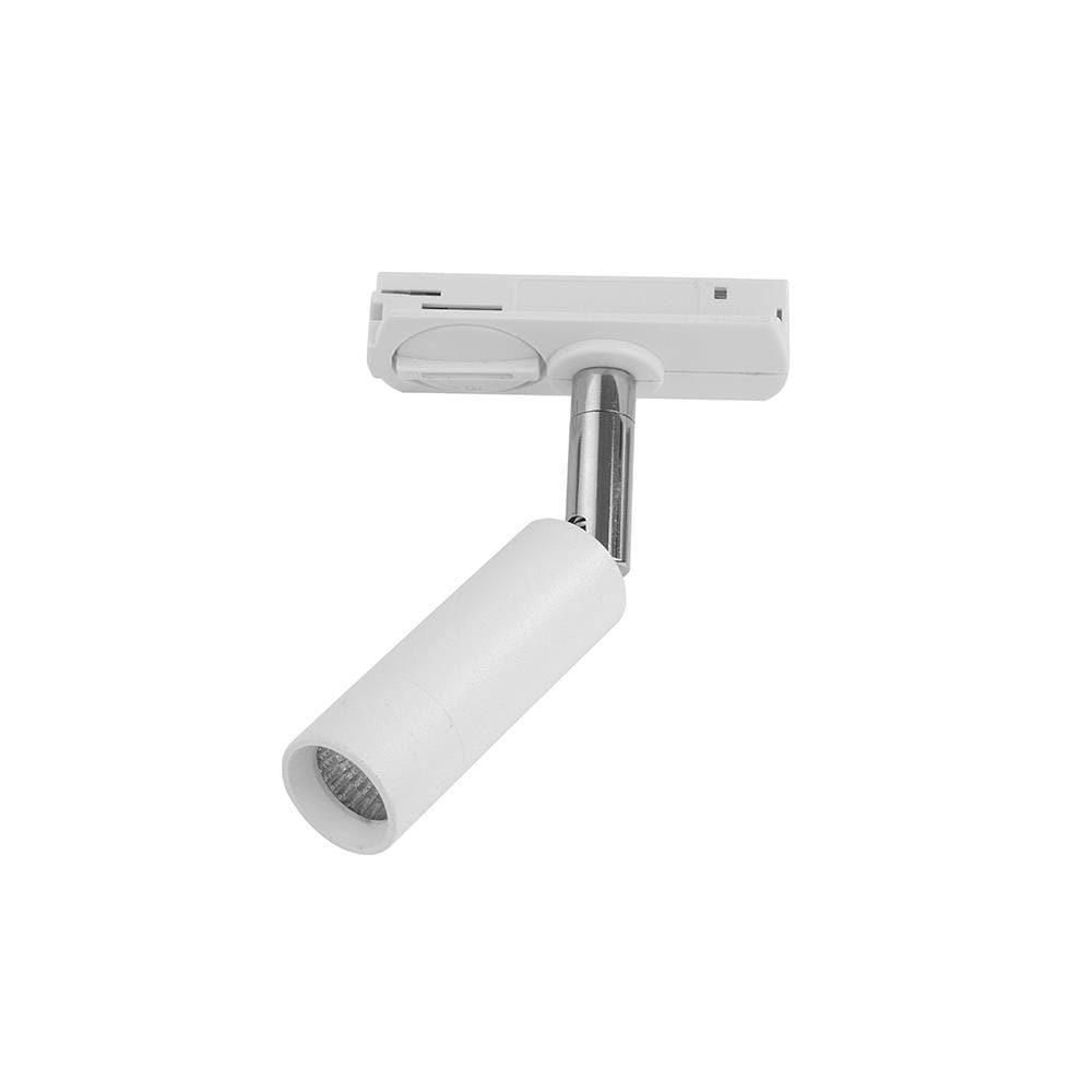 Reflektor spot LED Tracer 1-punktowy w kolorze białym, montowany na szynie. Posiada cylindryczny kształt z matową powierzchnią i metalowym mocowaniem. Ujęcie z boku, ukazujące detal konstrukcji.