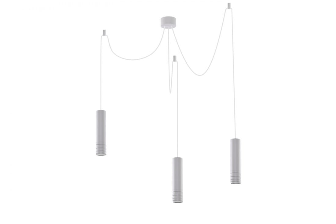 Locus L lampa wisząca 3-punktowa w białym kolorze, składająca się z trzech cylindrycznych źródeł światła zawieszonych na białych linkach. Lampa ma minimalistyczny design, z zamocowaniem sufitowym na górze.