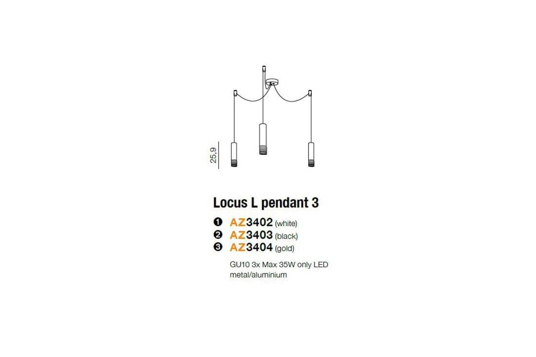 Lampa wisząca Locus L z trzema punktami świetlnymi w kolorze szampanowym. Metalowa konstrukcja z zawieszeniem, z cylindrycznymi oprawami na żarówki GU10. Wymiary: 25.9 cm wysokości. Ujęcie frontalne ukazujące całość lampy.