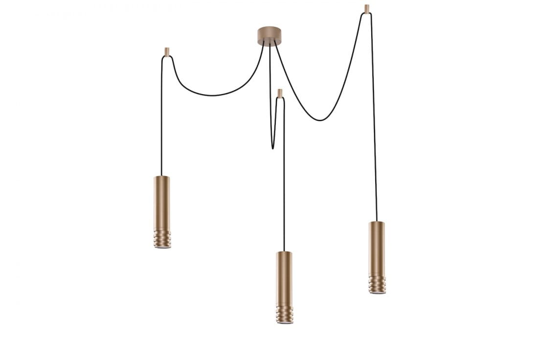 Lampa wisząca Locus L w kolorze szampan, posiadająca trzy cylindryczne klosze zawieszone na czarnych linkach. Ujęcie z przodu, pokazujące równomierne rozmieszczenie kloszy i stylowy sufitowy uchwyt.