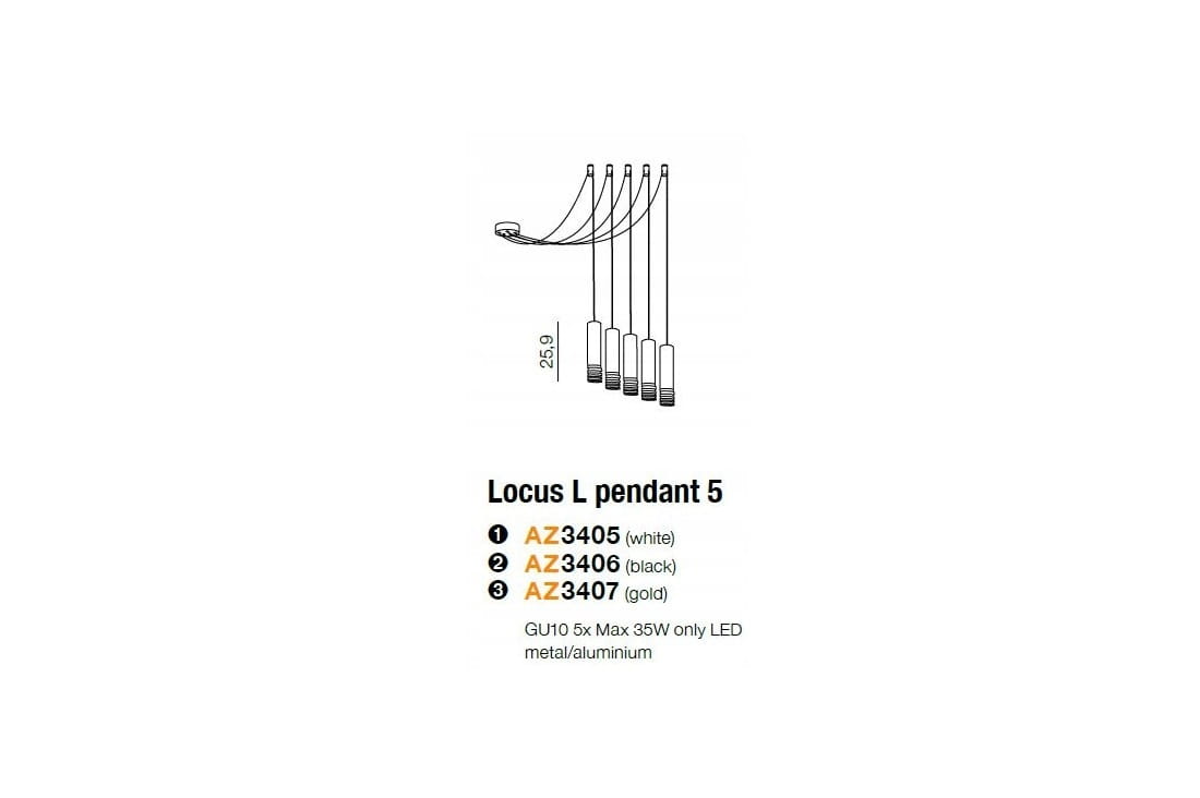 Lampa wisząca Locus L, 5-punktowa, biała. Metalowa konstrukcja z pięcioma równomiernie rozmieszczonymi źródłami światła. Kąt ujęcia frontalny, z wyraźnymi wymiarami. Produkt przeznaczony do montażu sufitowego, minimalistyczny design.