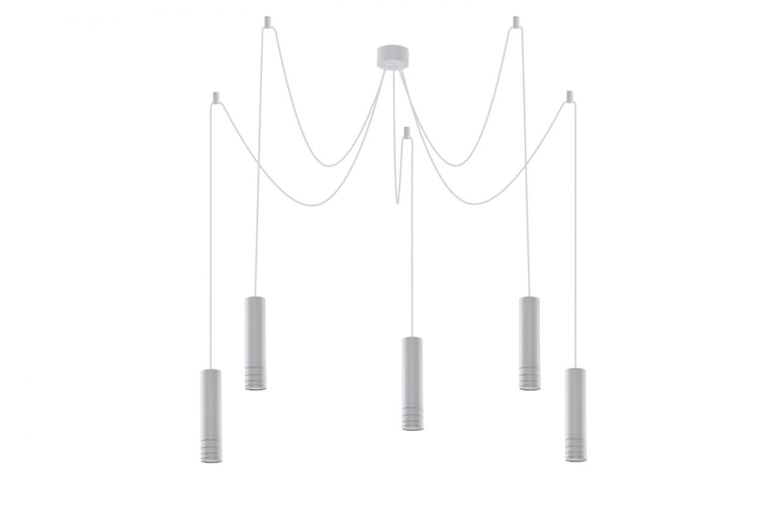 Locus L lampa wisząca 5-punktowa w kolorze białym, z pięcioma cylindrycznymi kloszami zawieszonymi na cienkich linkach, mocowana do sufitu. Klosze mają gładką, matową fakturę i są równomiernie rozmieszczone.