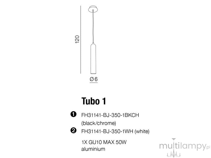 Czarna lampa wisząca Tubo 1-punktowa z chromowanym wykończeniem, wykonana z aluminium. Posiada cylindryczny kształt o średnicy 6 cm i długości 120 cm. Przeznaczona na jedną żarówkę GU10, maksymalna moc 50W.