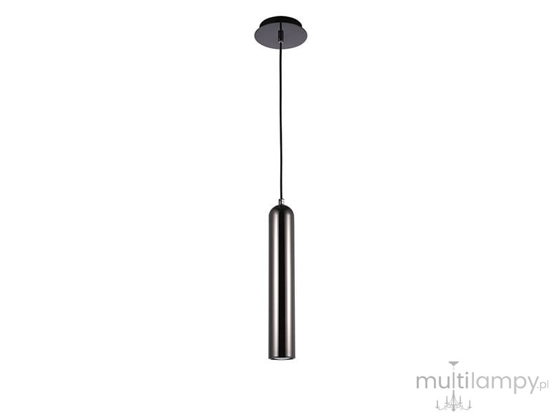 Czarna lampa wisząca Tubo 1-punktowa z chromowanym detalem, w kształcie cylindrycznym, zawieszona na cienkim przewodzie. Prosta, nowoczesna forma, idealna do minimalistycznych wnętrz. Tło białe, co podkreśla elegancję produktu.