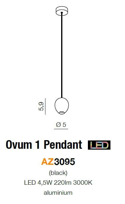 Czarna lampa wisząca Ovum LED 1-punktowa, wykonana z aluminium. Okrągły klosz o średnicy 5 cm, długość zawieszenia 59 cm. Źródło światła LED 4,5W, 220lm, 3000K. Prosta, nowoczesna forma idealna do różnych wnętrz.